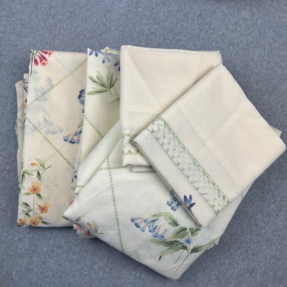 Vtg 80s JCPenney Full Sheet Set Floral Trellis Cream 5pc 2 Fit 1 Flat 2 Pillow
